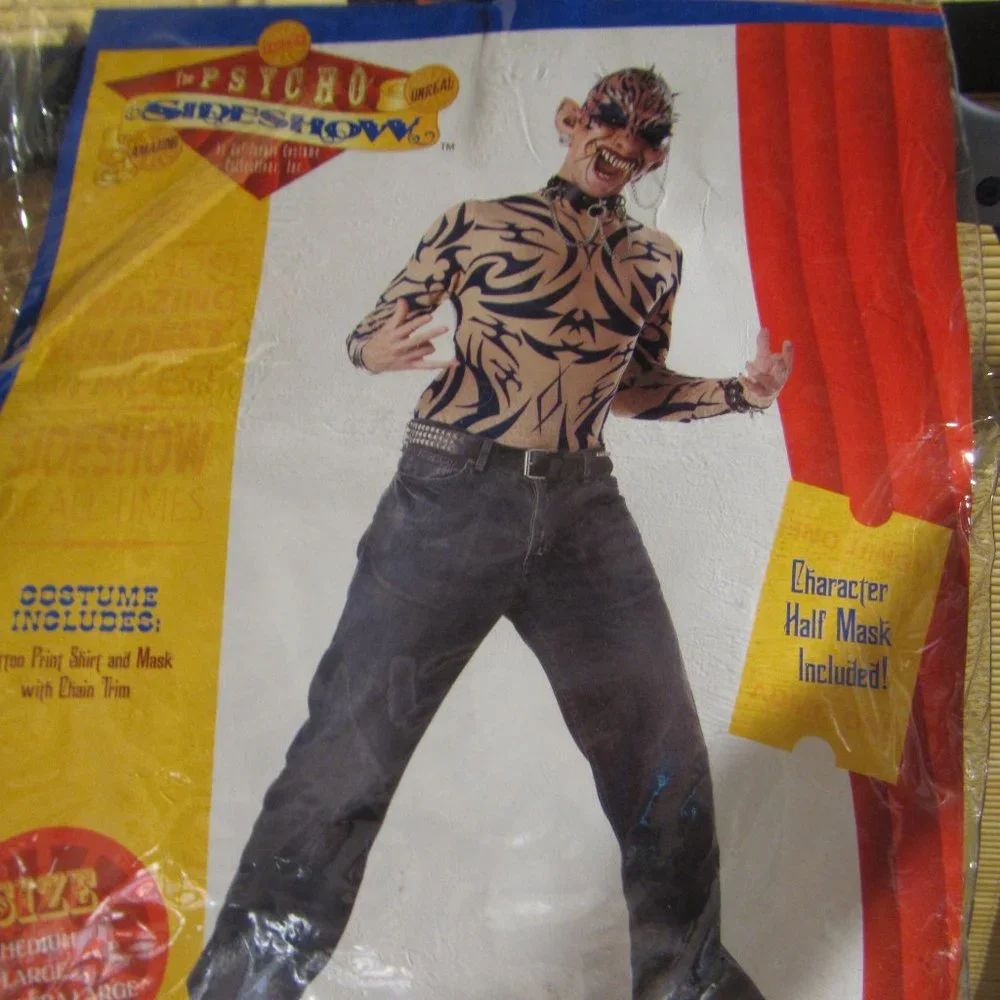 TATTOO FREAK Halloween Adult Costume Half Rubber Mask w/ Chains & Shirt, Large